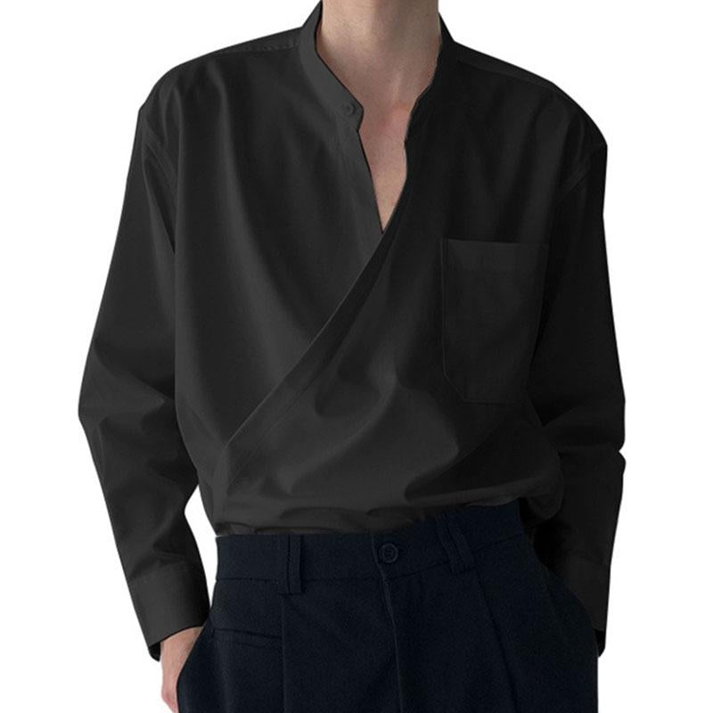 Men's Casual Solid Color Diagonal Placket Long-Sleeved Slim Shirt 81150021M