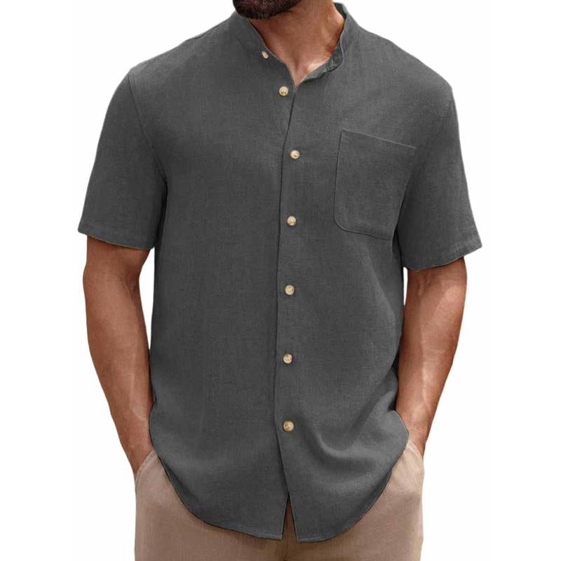 Men's Solid Color Stand Collar Chest Pocket Short Sleeve Shirt 76869423Y