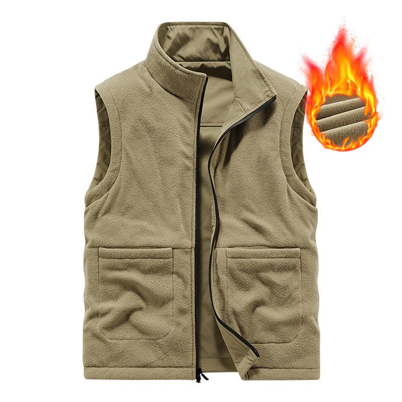 Men's Casual Solid Color Stand Collar Reversible Vfleece Warm Zipper Vest 64661748M