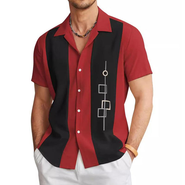 Men's Lapel Striped Beach Print Short Sleeve Shirt 90194485X