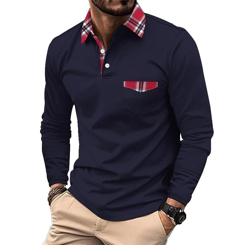 Men's Lapel Plaid Patchwork Long-sleeved Sports Polo Shirt 36877231X