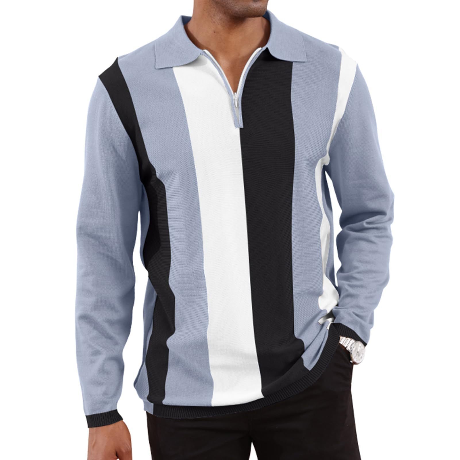 Men's Striped Lapel Long Sleeve Polo Shirt 60333407Z