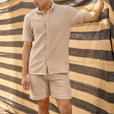 Men's Casual Lapel Plaid Jacquard Short-Sleeved Shirt Loose Shorts Set 31339299M