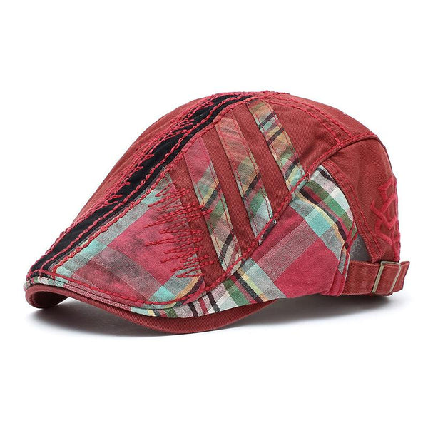 Men's Retro Stitching Plaid Beret Hat 35528198U