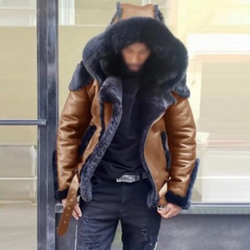 Men's Casual Thickened Warm Faux Fur Zippered Leather Hooded Coat 61704813M