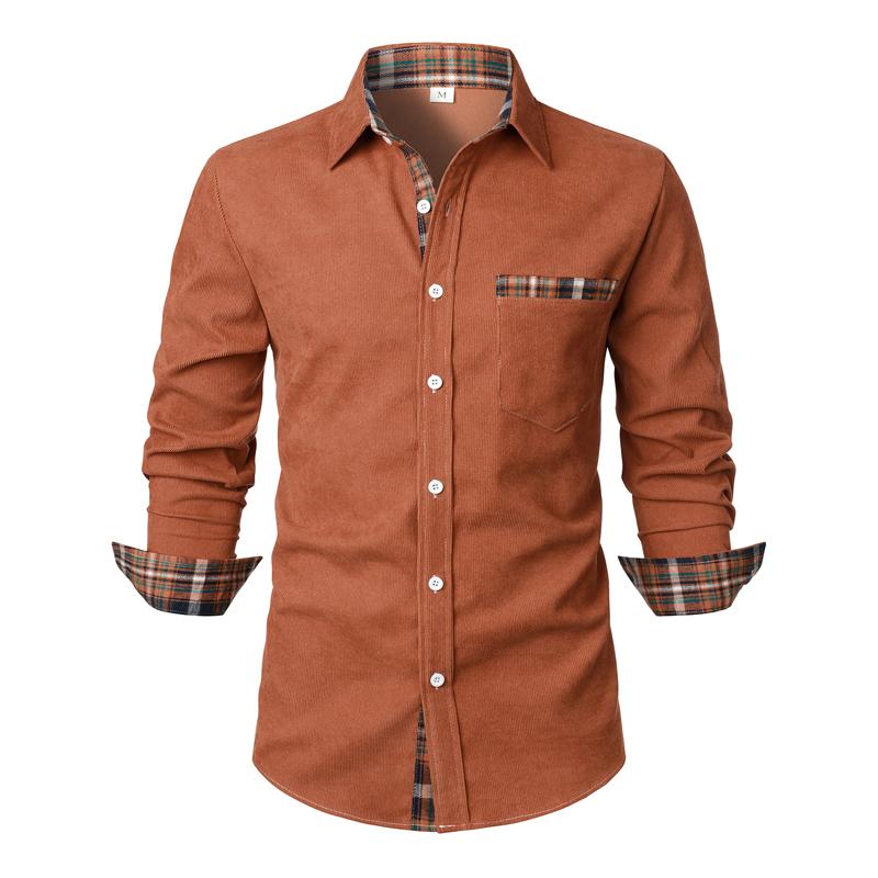 Men's Corduroy Red Plaid Plaid Casual Long-sleeved Shirt 39247459X