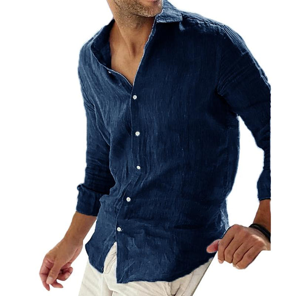 Men's Casual Solid Color Cotton Linen Lapel Collar Breathable Long Sleeve Shirt 78653851Y