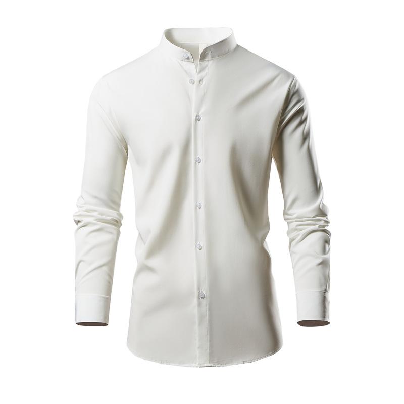 Men's Casual Solid Color Stand Collar Elastic Long Sleeve Shirt 85490907X