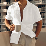 Men's Casual Solid Color Cotton Linen Lapel Short-Sleeved Shirt 88355782M