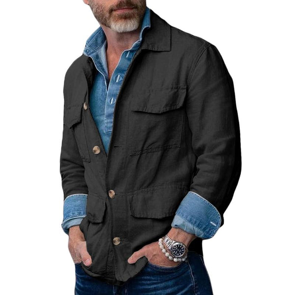 Men's Cotton And Linen Multi-Pocket Single-Breasted Long-Sleeved Thin Jacket 88809789Y