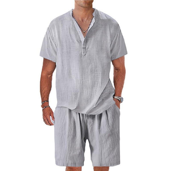 Men's Casual Linen Henley Shirt Stand Collar Short Sleeve Board Shorts Set 06453609X