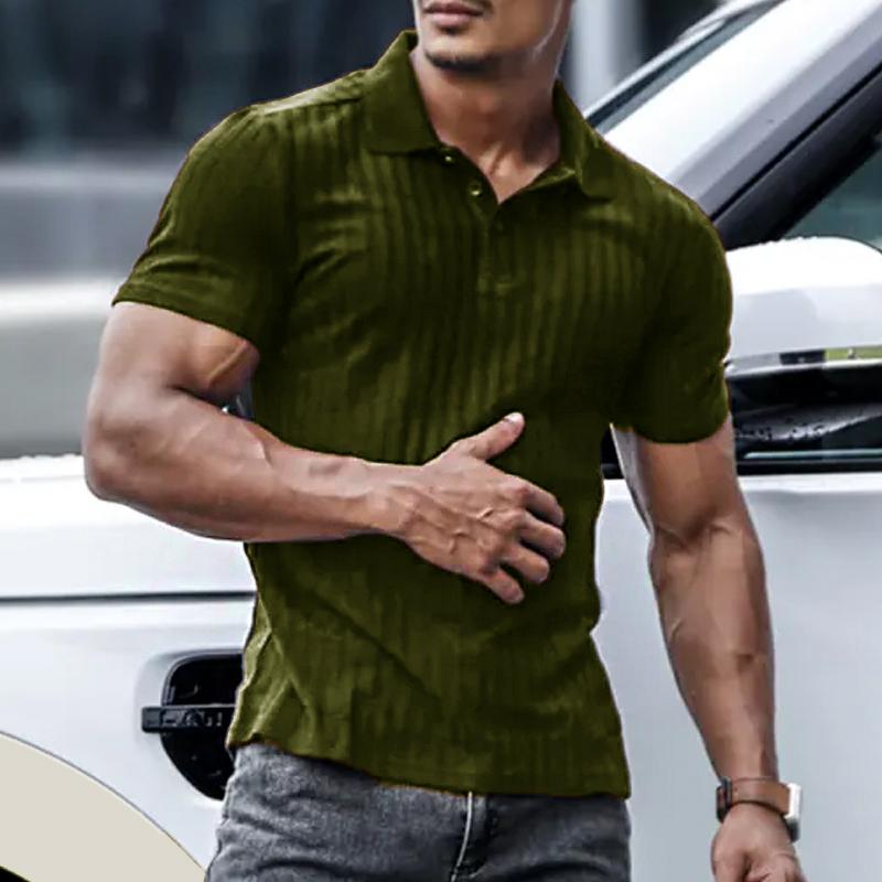 Men's Business Casual Solid Color Vertical Stripe Short Sleeve POLO Shirt 64151606Y