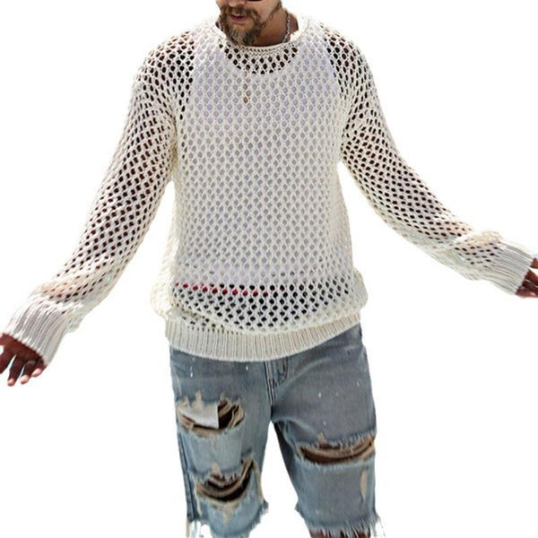 Men's Casual Solid Color Hollow Long-Sleeved Knitted T-Shirt 99271032M