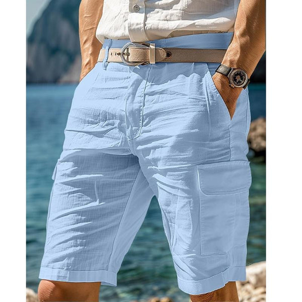 Men's Solid Color Cotton And Linen Beach Shorts (Belt Not Included) 61380820Y