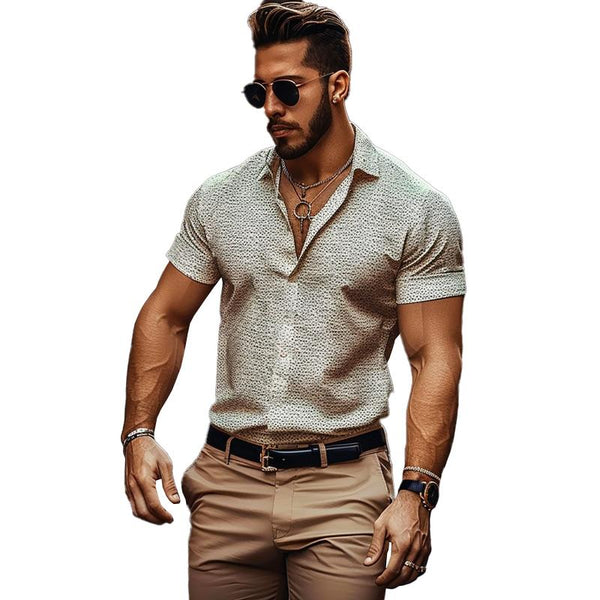 Men's Casual Printed Lapel Slim Fit Short Sleeve Shirt 91468033M