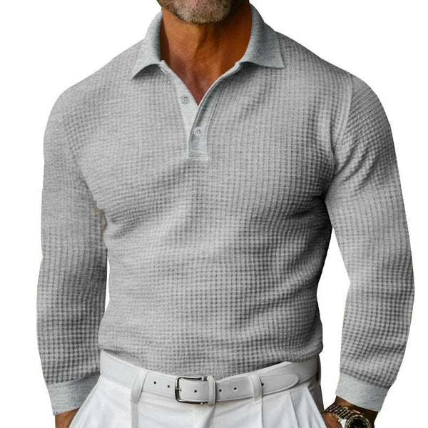 Men's Casual Waffle Lapel Button-Down Long Sleeve Polo Shirt 09965418M