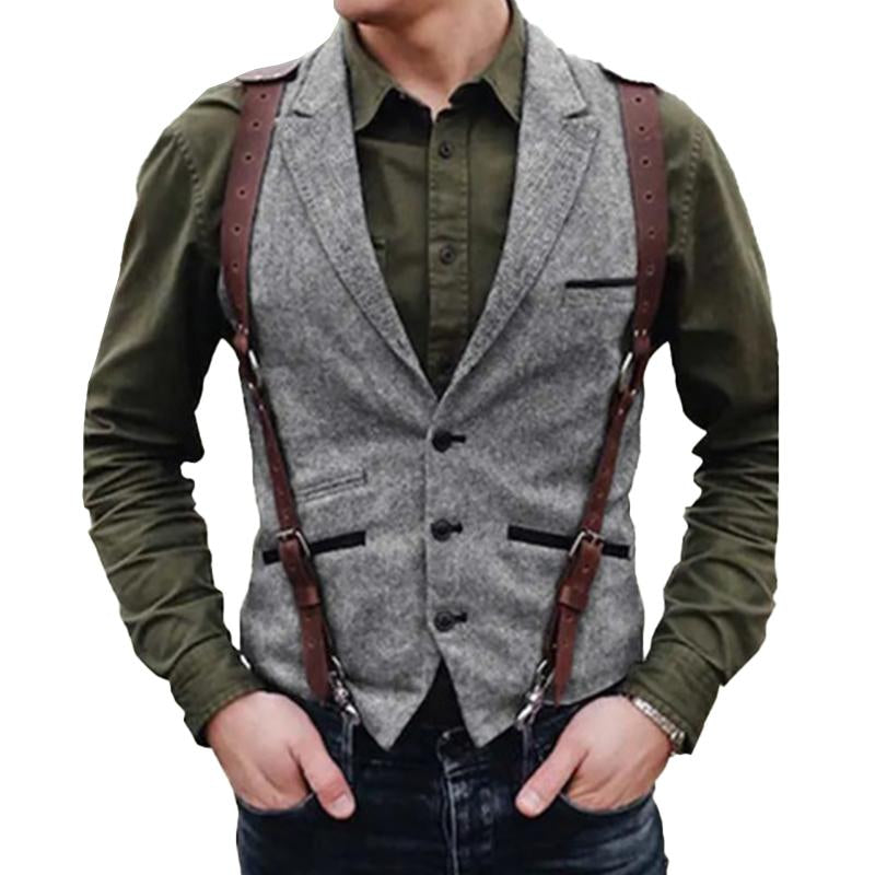 Men's Vintage Lapel Single-Breasted Multi-pocket Herringbone Vest 59356841M