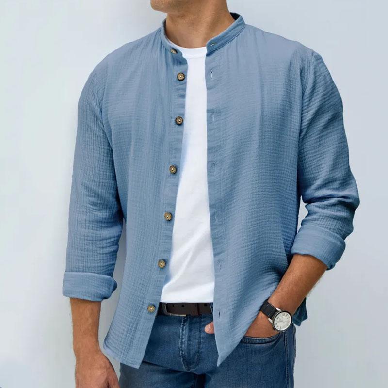 Men's Casual Cotton Linen Pleated Stand Collar Long Sleeve Shirt 37006886M