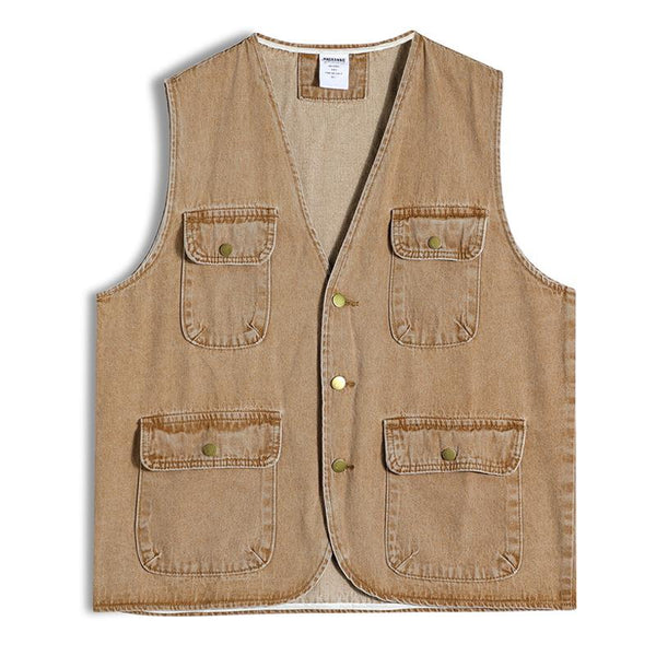 Men's Vintage Multi-Pocket Denim V-Neck Vest 98299084X