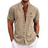 Men's Casual Stand Collar Linen Printed Short Sleeve Shirt 87651630M