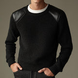 Men's Black Paneled Leather Knitted Sweater 56248329U