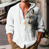 Men's Casual Wolf Print Hooded Long Sleeve Shirt 81155669Y