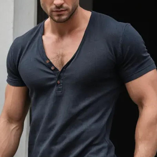 Men's Solid Color Henley V-Neck Slim Fit Short Sleeve T-Shirt 14362417Y