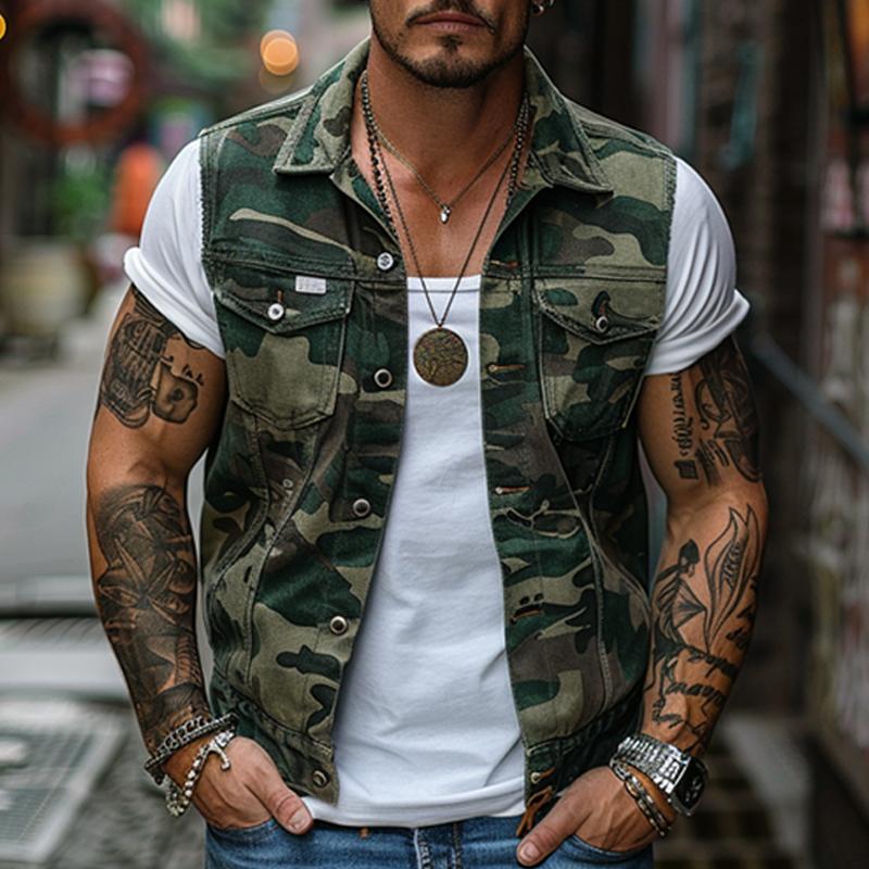 Men's Vintage Camouflage Canvas Lapel Vest 83480535X