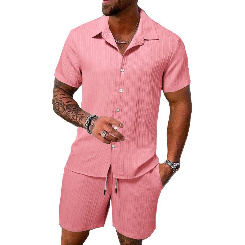 Men's Solid Color Striped Lapel Short Sleeve Shorts Casual Set  63428764X