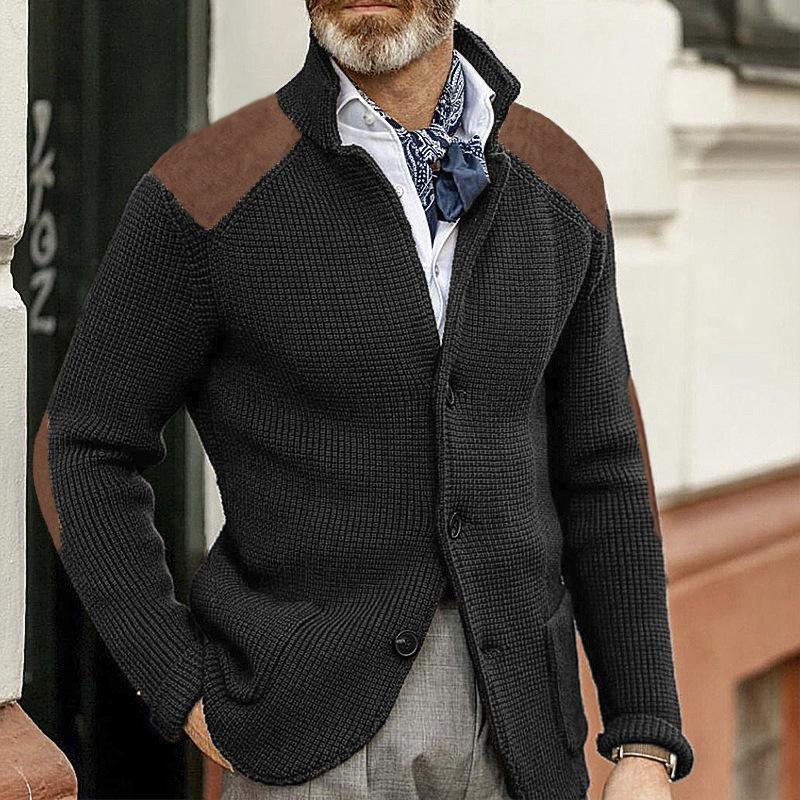 Blazer lavorato a maglia a maniche lunghe con colletto alto vintage da uomo, modello patchwork, slim fit 67697292M