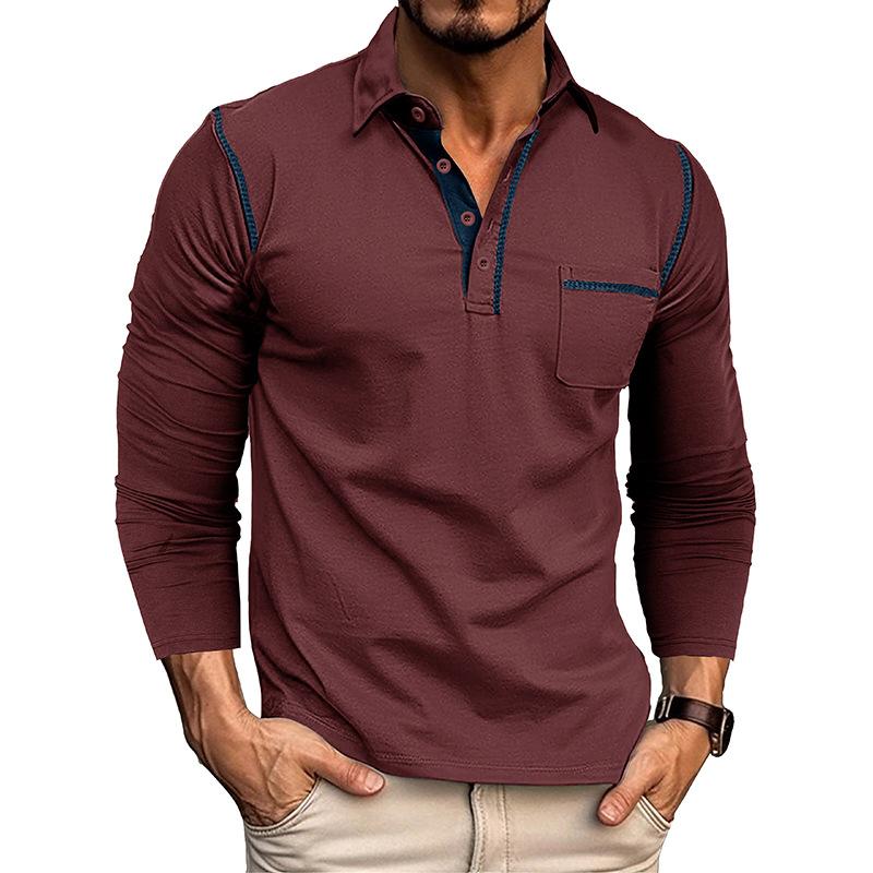 Men's Casual Colorblock Lapel Patch Pocket Long Sleeve Polo Shirt 87836608M