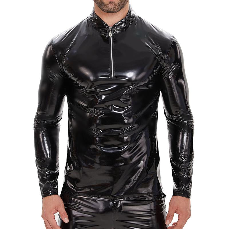 Men's PU Leather Mirror Shiny Long Sleeve Stand Collar T-shirt 35465584U