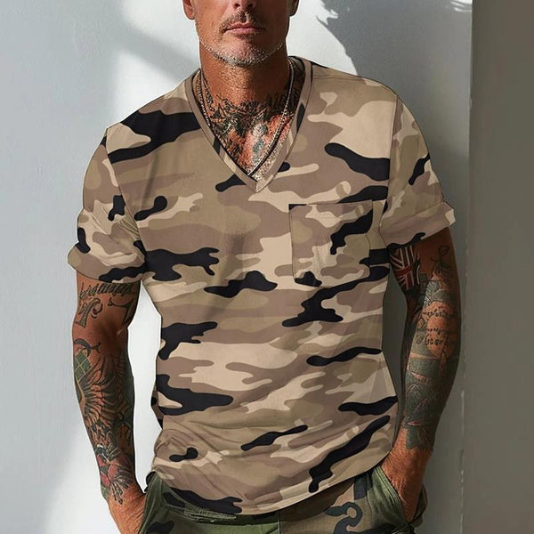 Men's Camouflage Retro V-neck Casual Short Sleeve T-shirt 70963890X