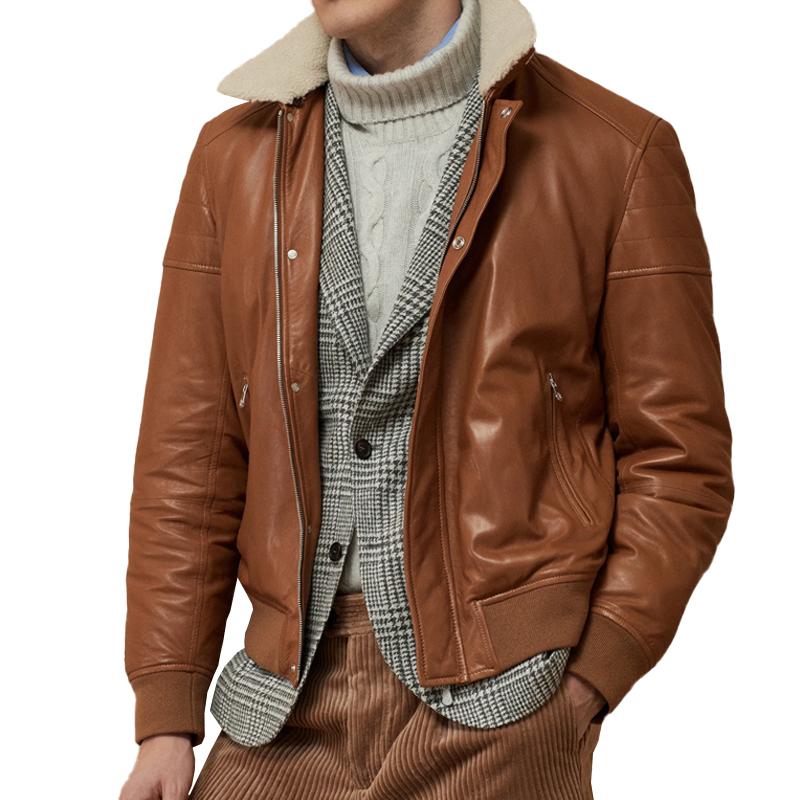 Blouson aviateur en cuir patchwork avec col en fourrure et braguette zippée pour homme 42195328M