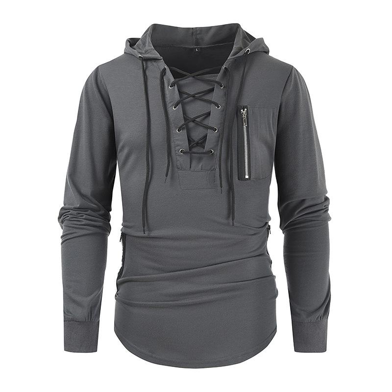 Men's Casual Solid Color Collared Zipper Pocket Long Sleeve Hoodie 56474695M