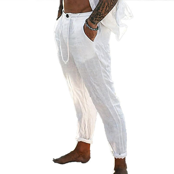 Men's Linen Solid Color Drawstring Buttoned Slant Pocket Pants 85147410X