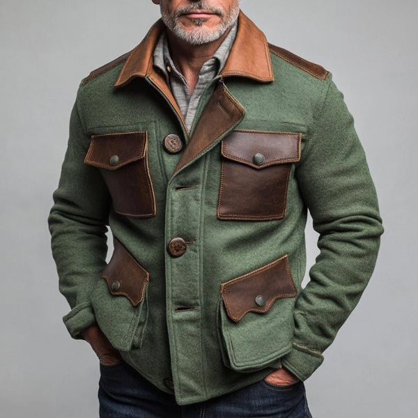 Men's Retro Casual Leather Stitching Multi-Pocket Lapel Jacket 92618771TO