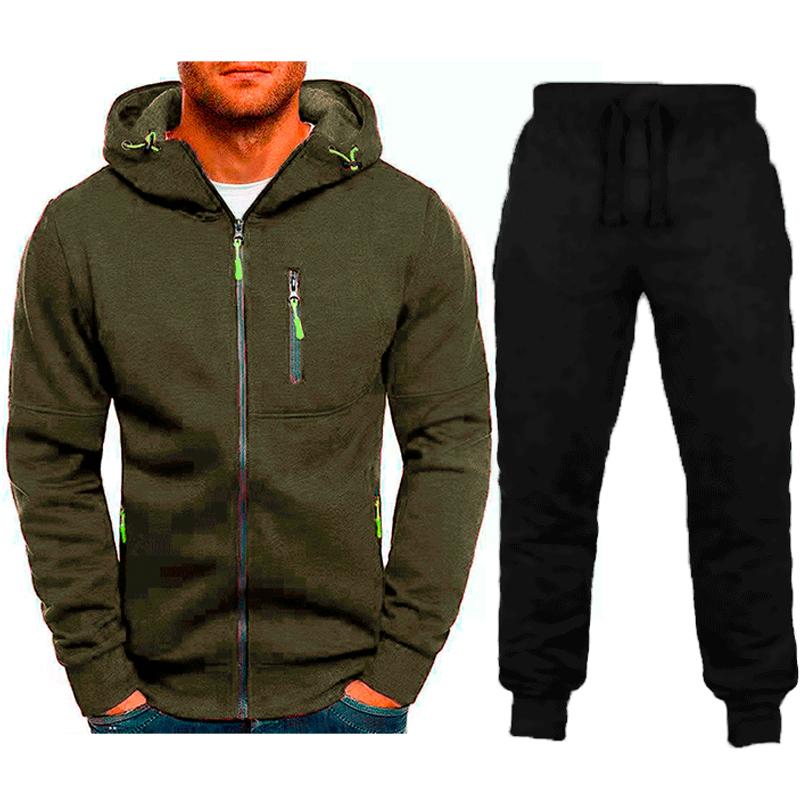 Men's Sports Zip-up Sweatshirt Hooded Trousers Solid Color Two-piece Set 66585624X