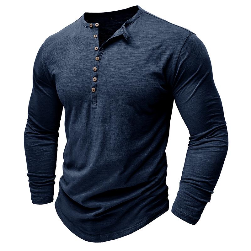 T-shirt da uomo tinta unita a maniche lunghe con colletto Henley in cotone slub 26528737X