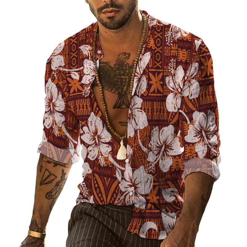 Men's Ethnic Floral Beach Stand Collar Long Sleeve Shirt 62992531TO