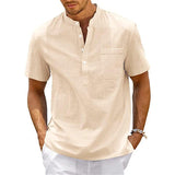 Men's Solid Color Cotton And Linen Henley Collar Short Sleeve Shirt 35371852Z
