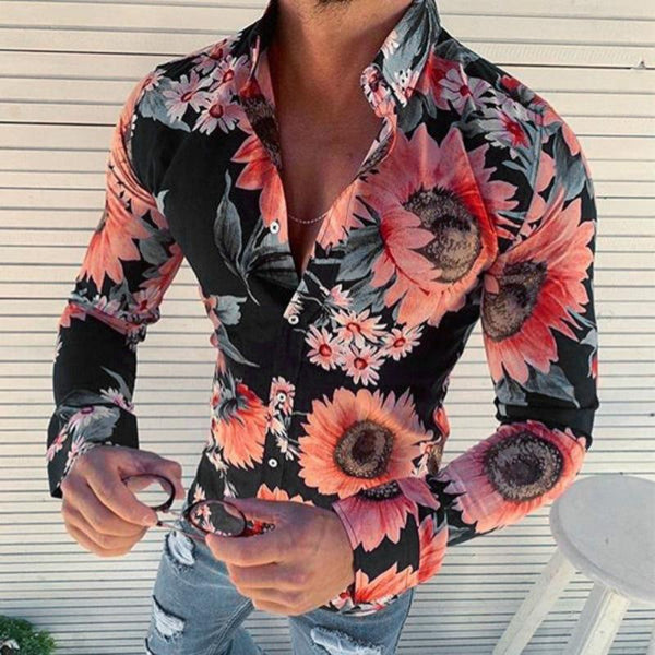 Men's Casual Sunflower Lapel Long Sleeve Shirt 73936003TO