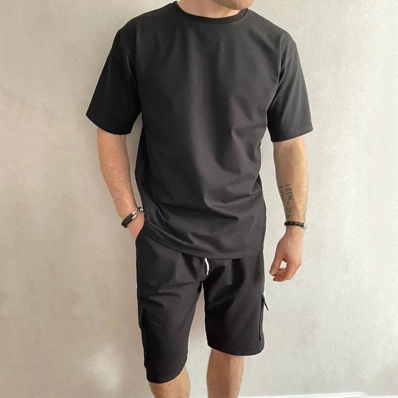 Men's Casual Cotton Blended Round Neck Short Sleeve T-Shirt Sports Shorts Set 00946836M