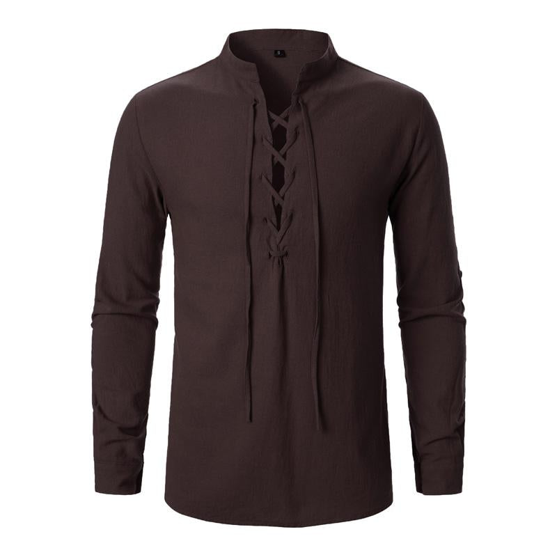 Men's Cotton and Linen Lace-up Casual Long-sleeved Shirt 63529919U