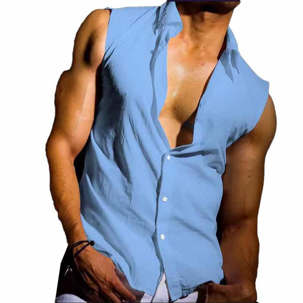 Men's Sleeveless Lapel Loose Solid Color Tank Top 43713277X