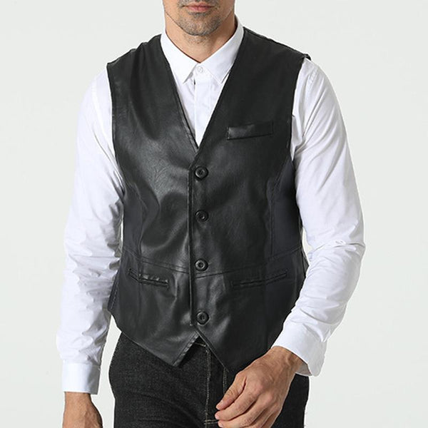 Men's Vintage Solid Color V-Neck Multi-Pocket Leather Vest 44280861Y