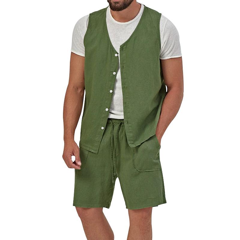 Men's Casual Loose Solid Color Sleeveless Vest Shorts Set 61445702X