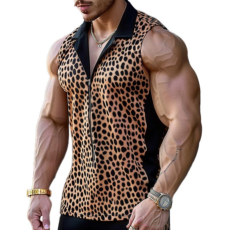 Men's Retro Leopard Color Block Lapel Zip Sleeveless Shirt 72692164M
