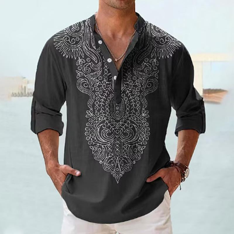 Men's Casual Printed Stand Collar Long Sleeve Shirt 94178674Y