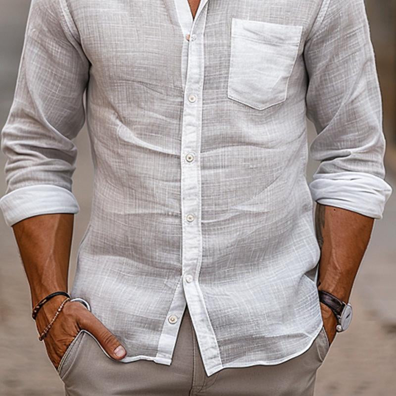 Men's Solid Color Linen Lapel Long Sleeve Shirt 92452780X
